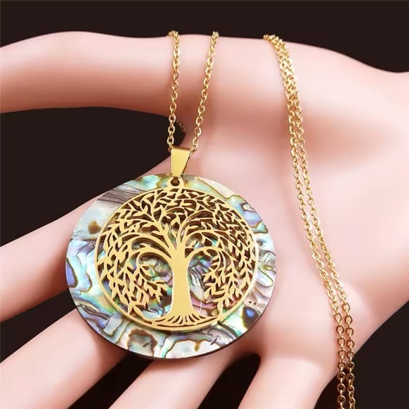 Tree of Life-Stainless Steel Natural Abalone Shell Necklace (Gold Color) - Picture 3 of 9